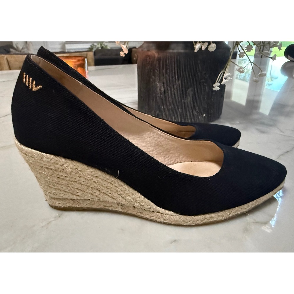 Viscata Barcelona Black Canvas Espadrille Wedges Pointed Toe Pumps Spain Size 36